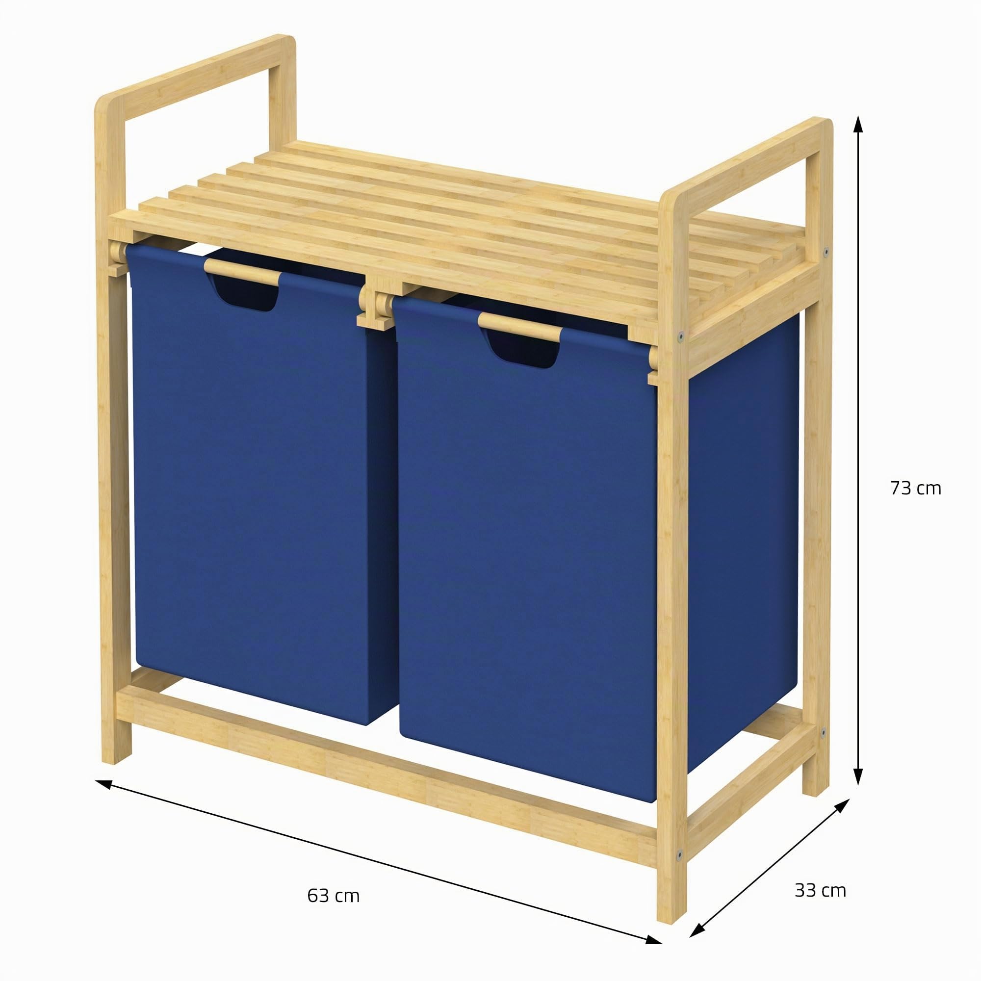 ML-Design Cesto Portabiancheria con Struttura in Bambù e 2 Scomparti 2x30L Mobile Portabiancheria Blu Scuro con Maniglie e Ripiano, Raccoglitore adatto per il Bagno o Sacchi Estraibili, 63 x 33 x 73cm