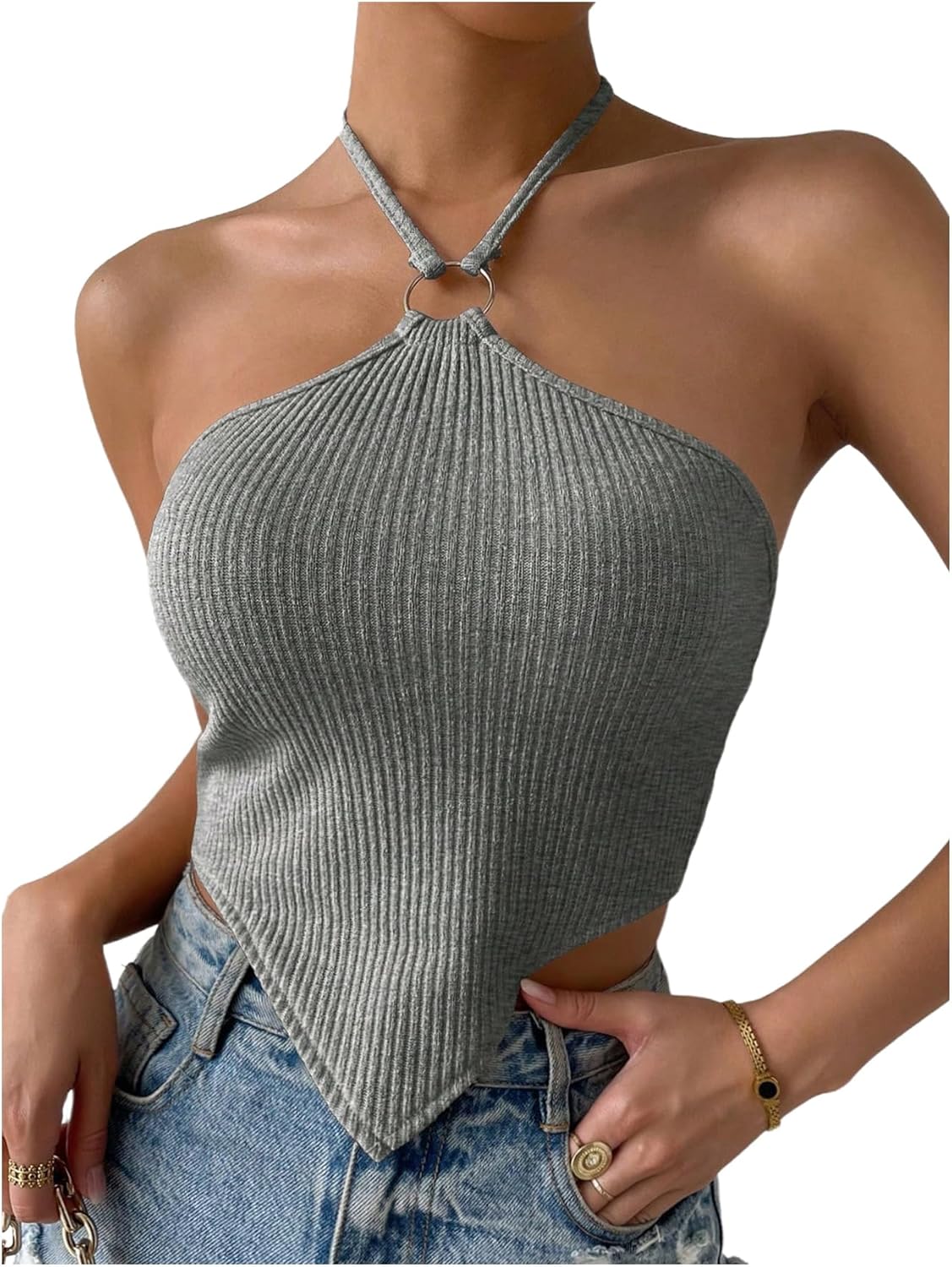 SOLY HUX Women's Tie Backless Halter Top Sleeveless Asymmetrical Hem Ribbed Knit Going Out Tops