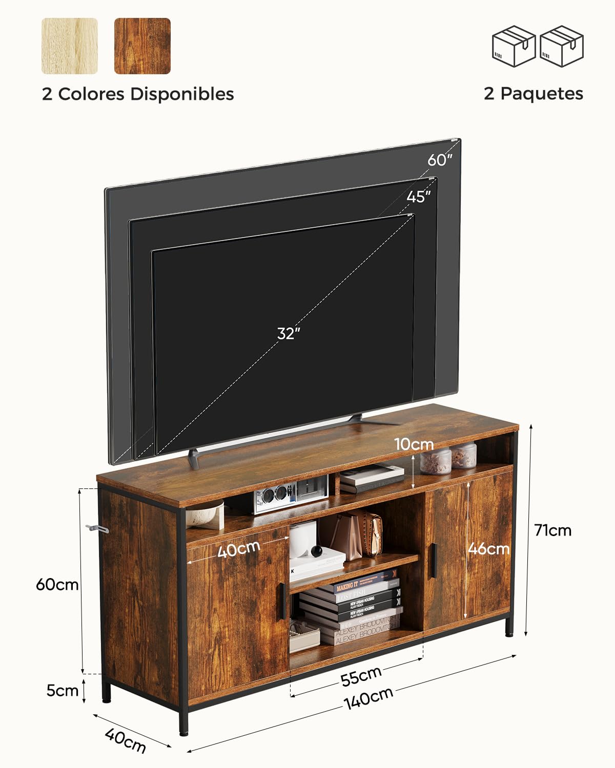 ELUCHANG Mueble de TV, Mesa de TV para Salón, con Estantes Ajustables, para Televisores de hasta 65 Pulgadas, Estilo Industrial, 140 x 40 x 71 cm, Marrón Rústico y Negro