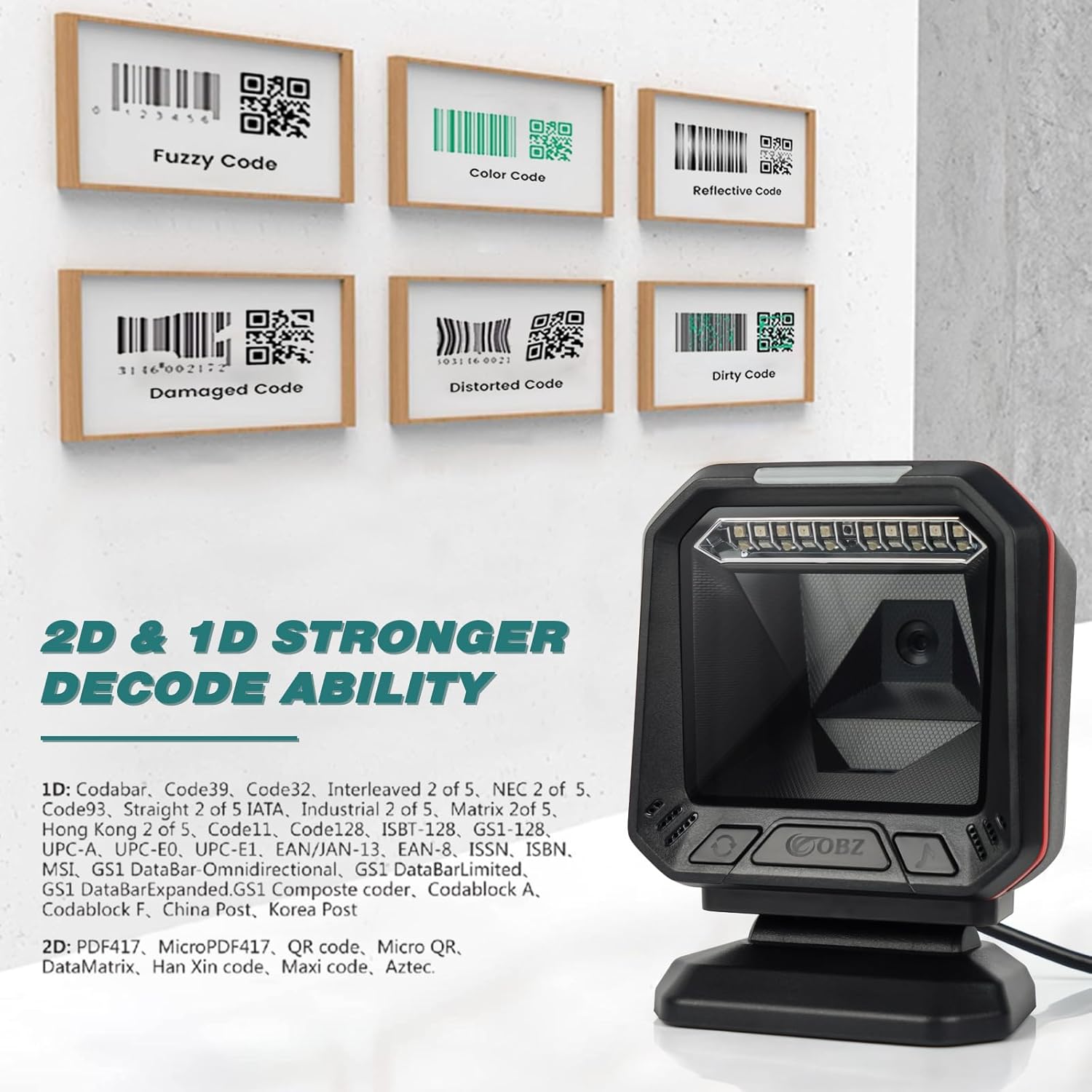 OBZ Desktop-96 Scanner decoding various 1D and 2D barcode types