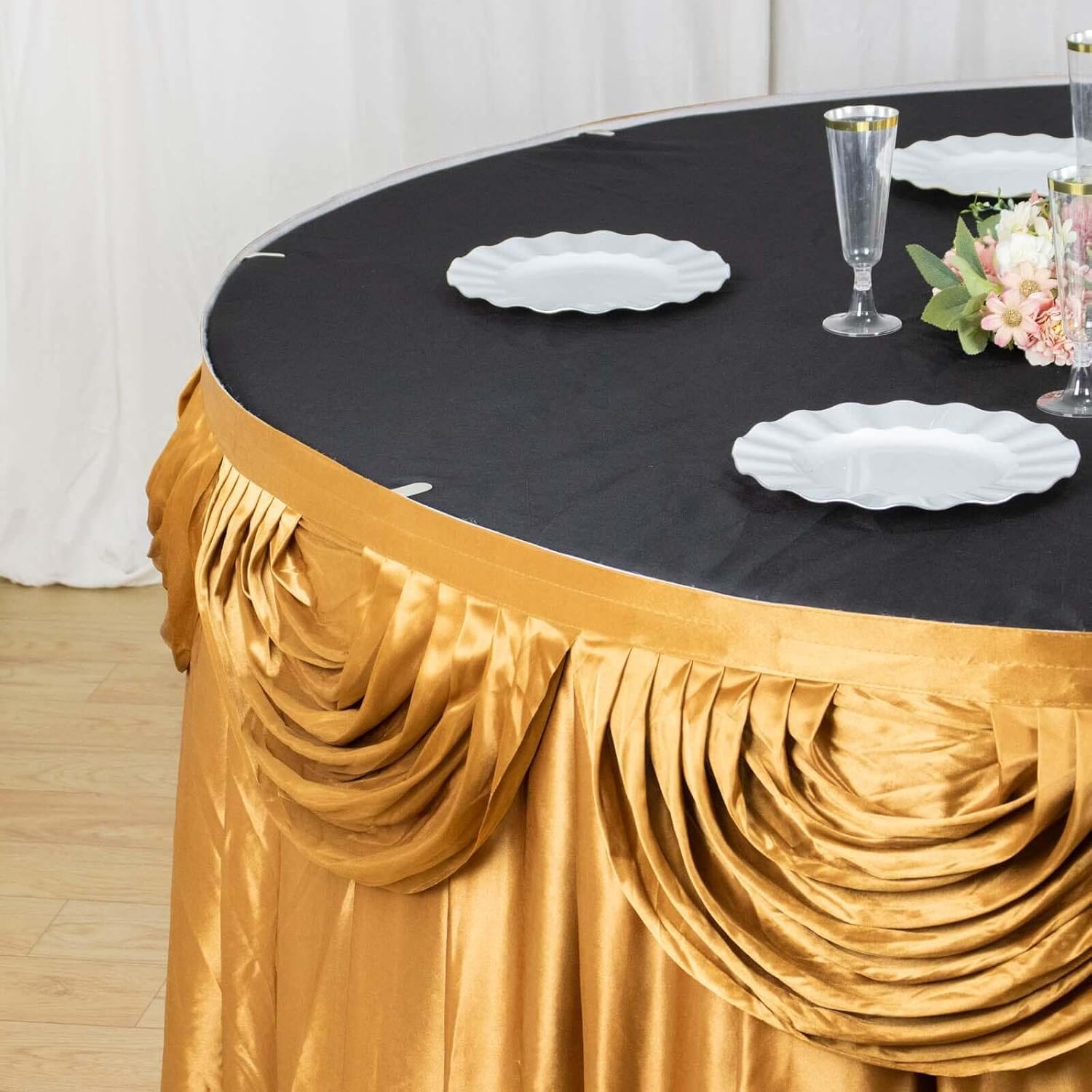 Efavormart 14ft Gold Pleated Satin Double Drape Table Skirt