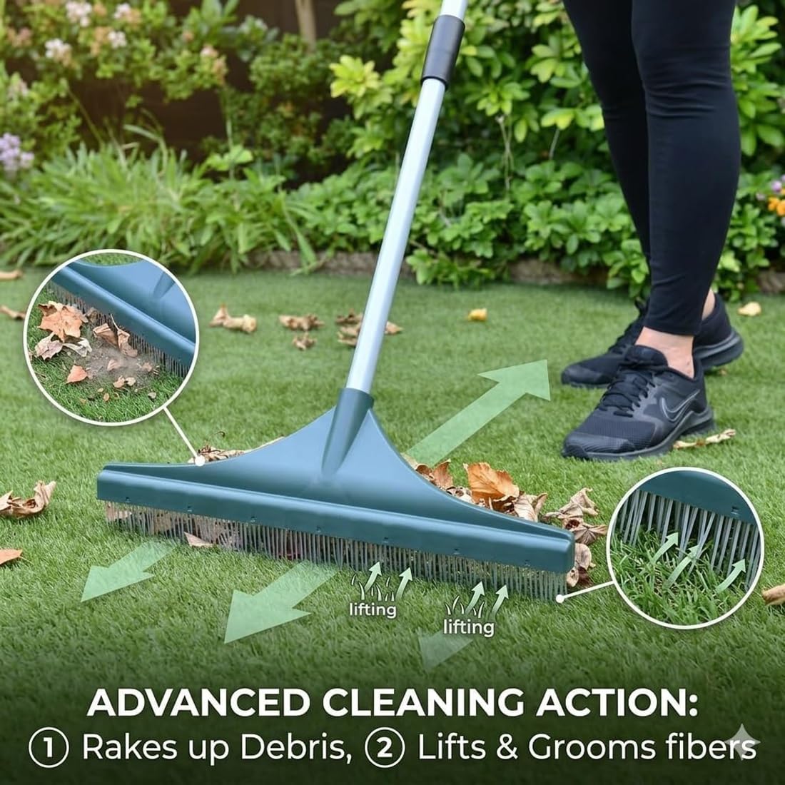 Rastrillo Multiusos for césped y alfombras, rastrillo de césped Artificial Ajustable 2 en 1 con Mango ergonómico, Cepillo de jardín Artificial for Eliminar escombros, Hojas y Pelo de Mascotas(1PC)