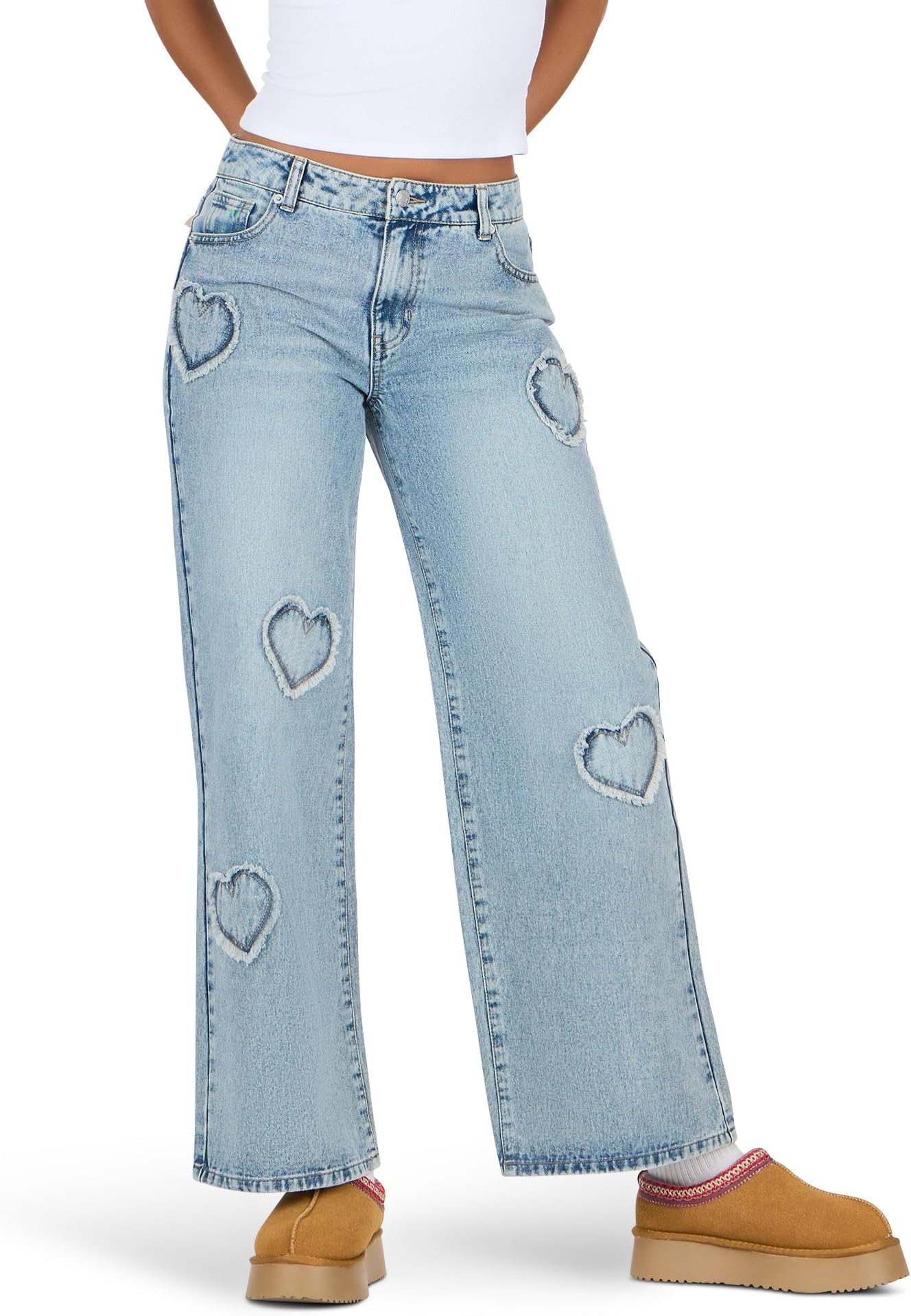 - Women’s Low Waist Wide Leg Denim Jeans with Heart Patch Details