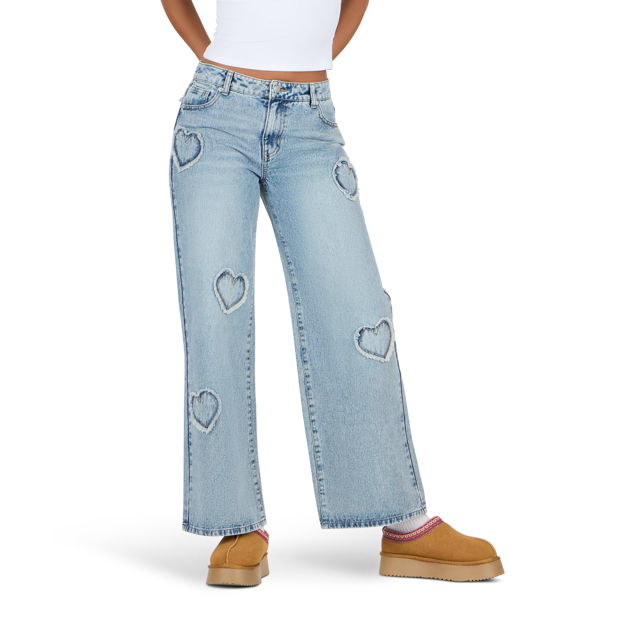 Women’s Low Waist Wide Leg Denim Jeans with Heart Patch Details