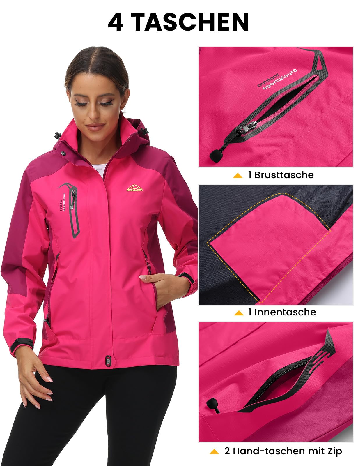 donhobo Damen Wanderjacke Outdoor Jacke Leichte Übergangsjacke Winddichte Jacke Wasserdicht Regenjacke Atmungsaktiv Funktionsjacke mit Abnehmbarer Kapuze