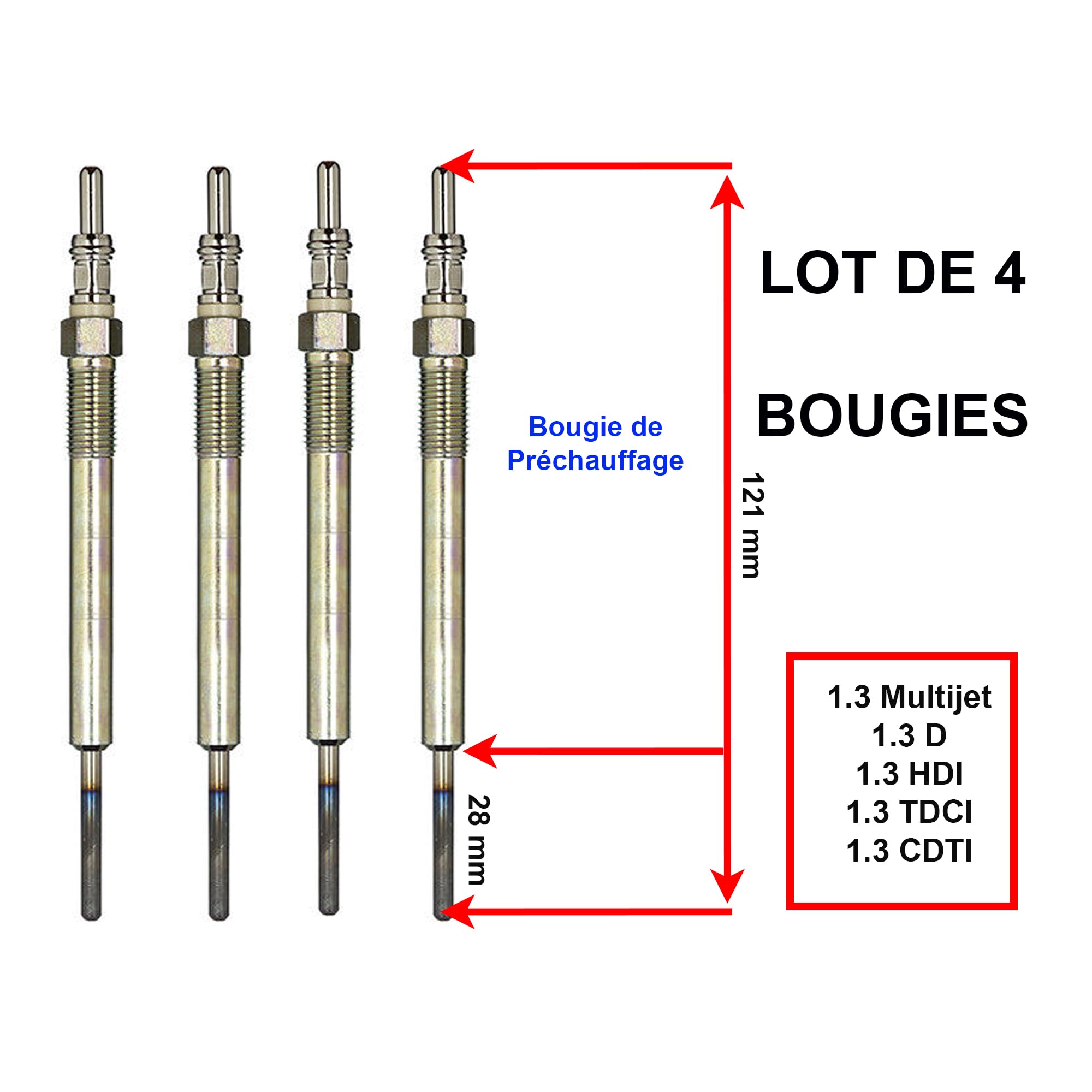 Partsline (Lot de 4) Bougie de préchauffage 1.3 diesel compatible avec Mito, Aveo, Nemo, 500, Doblo, Fiorino, Idea, Linea, Panda, Punto, Musa, Astra J, Corsa D - 55210051 55564219