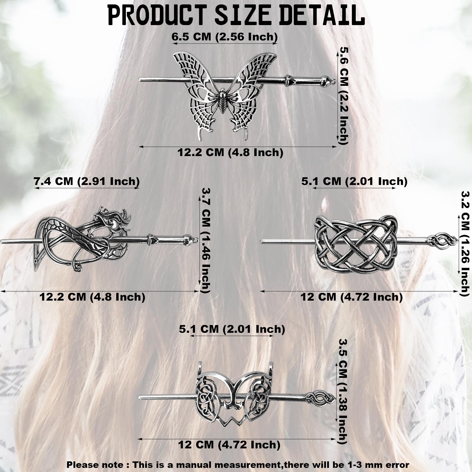 Viking Metal Hair Pins, 8PCS Retro Celtic Hair Sticks for Buns, Hair Clips for 8 Pcs Viking Celtic Hair Clips - Retro Silver Hairpins for  main image 3