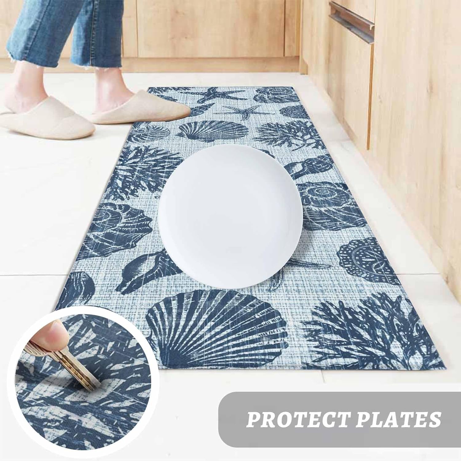 Kitchen Mats for Floor Ocean Conch Starfish Coral Washable Non Slip Kitchen Rugs 2PCS, Watercolor Navy Blue Marine Life Absorbent Standing Mats for Sink Office Living Room 15.7x23.6in+15.7x47.2in