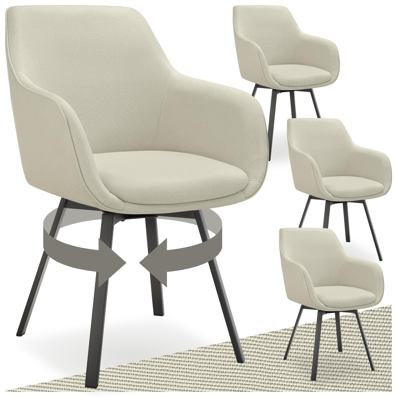 tectake® Silla Giratoria con Reposabrazos, Tapizada y con Acolchado de Alta Densidad, Patas de Acero 360°, Antideslizante, Montaje Rápido, Ideal para Comedor, Cocina y Dormitorio - 4 Sillas Beige