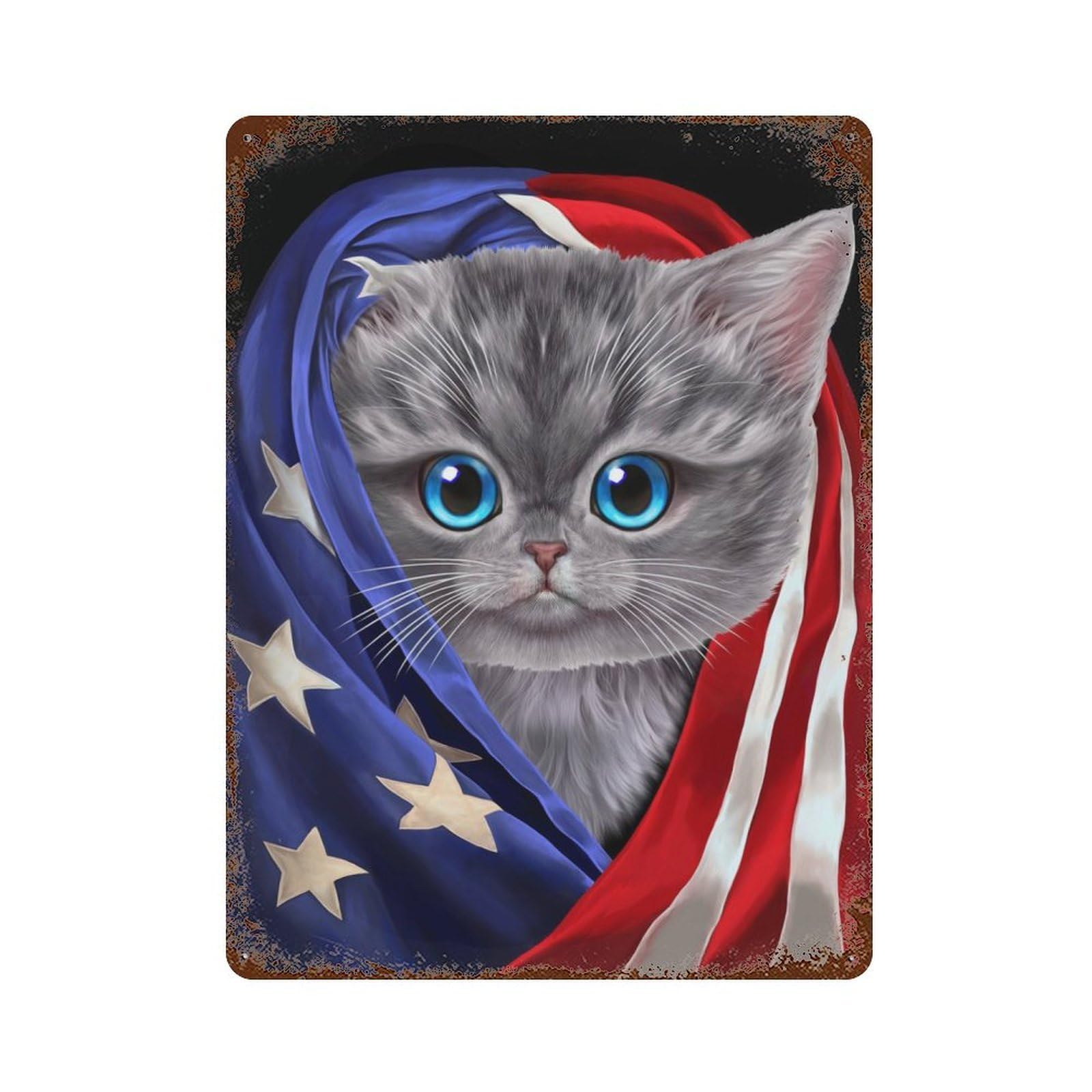Rust Effect Grey Kitten USA Patriot Aged Metal Wall Plaque 15.7"x11.8", Rustic Home Decor for Bistro, Counter And Cafe Decor