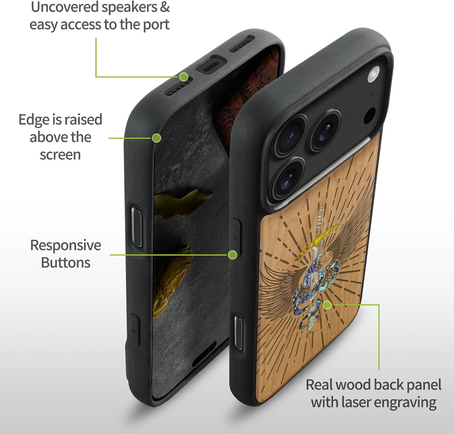 Carveit Magnetic Case for iPhone 17 Pro Max Case, Wood Artisan Engraved & Handmade Shell Inlaid, TPU Shockproof Cover, Compatible with MagSafe Wireless Chargers (Serpent Winged Sword-Cherry)