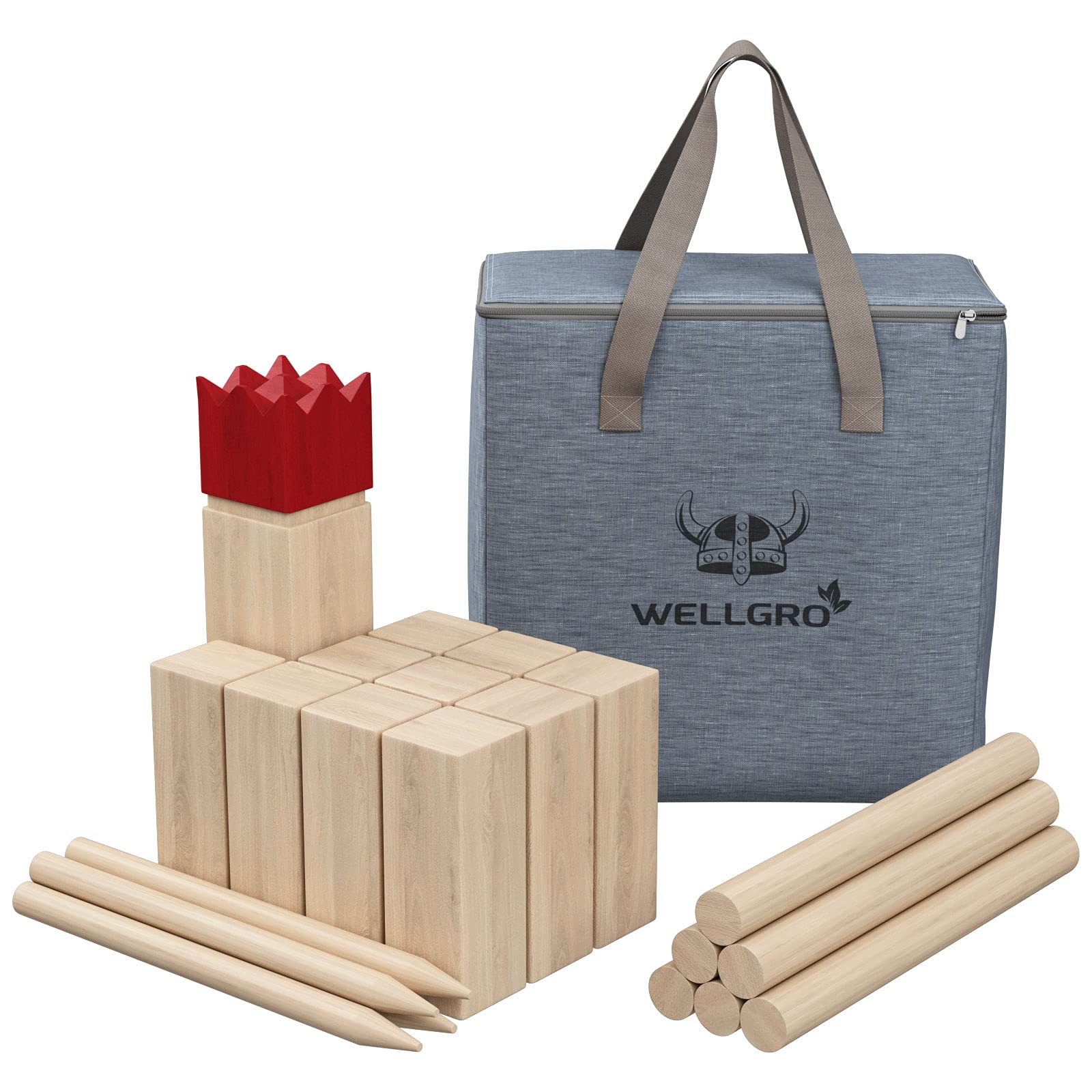 WELLGRO Kubb - Gioco XL per 2 – 12 giocatori, in legno massiccio, Re rosso, con istruzioni per il gioco, borsa