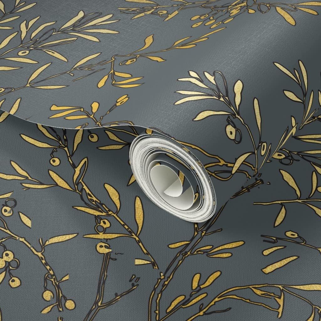 Peel & Stick Wallpaper 3ft x 2ft - Gold Branches Grey Gray Olive Branch Tree Leaves Custom Removable Wallpaper by Spoonflower