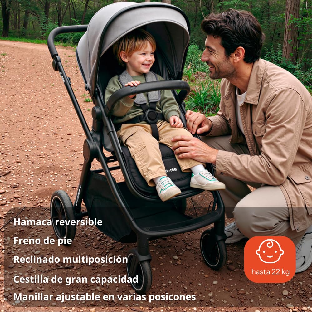 Nurse Wander C Trio Carrito de Bebé 3 en 1, Capazo Convertible en Hamaca y Silla de Coche i-Size, Plegado Compacto, con Accesorios, Gris