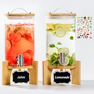 1.2 Gallon Large Glass Drink Dispenser For Parties, Beverage Dispenser with Bamboo Wood Stand and Stainless Steel Spigot, Juice, Lemonade, Water jug dispenser, Laundry Detergent Dispenser (2 PACK)