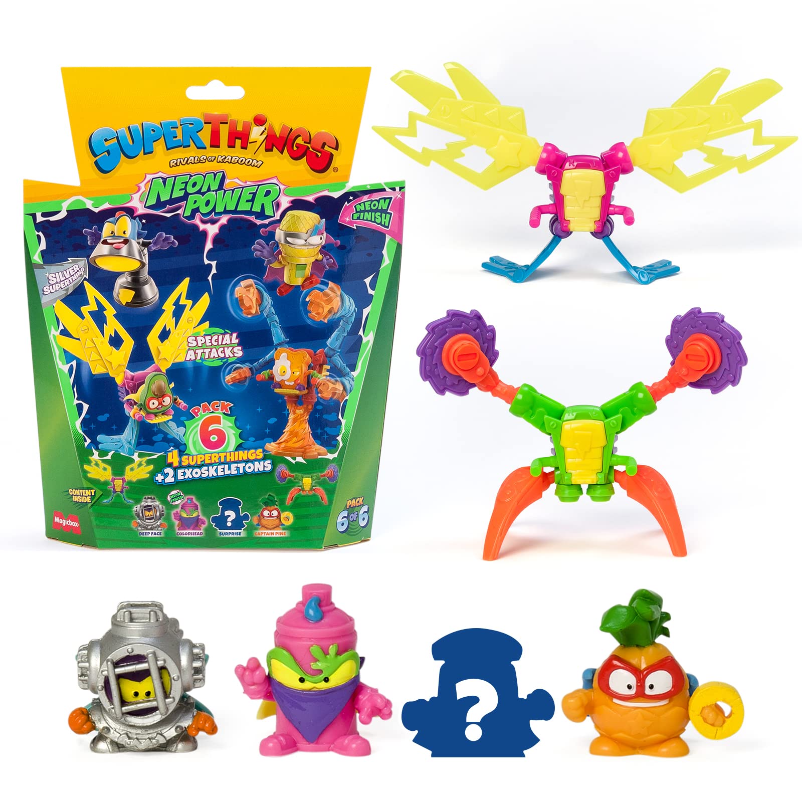 SUPERTHINGS - Neon Power Series, Pack of 6, Includes 4 Superthings (1 Silver Captain) and 2 Exoskeletons, Multicolor, Pack 6/6
