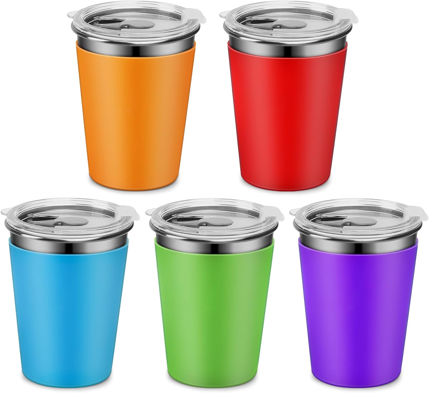 Kids Cups with Lids, 12oz Stainless Steel Kids Cups with Colorful Silicone Sleeve, Unbreakable Toddler Water Tumblers for Cold & Hot Drinks, Set of 5