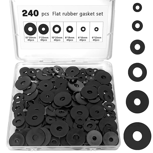 240 Pcs Rubber Washers Assortment Kit, 12/16/18/20/25/30 mm Black Rubber Gasket, Vibration Absorbing Sealing Washer for Bolts Faucets Screws Garden Hose Shower Head (6 Sizes)