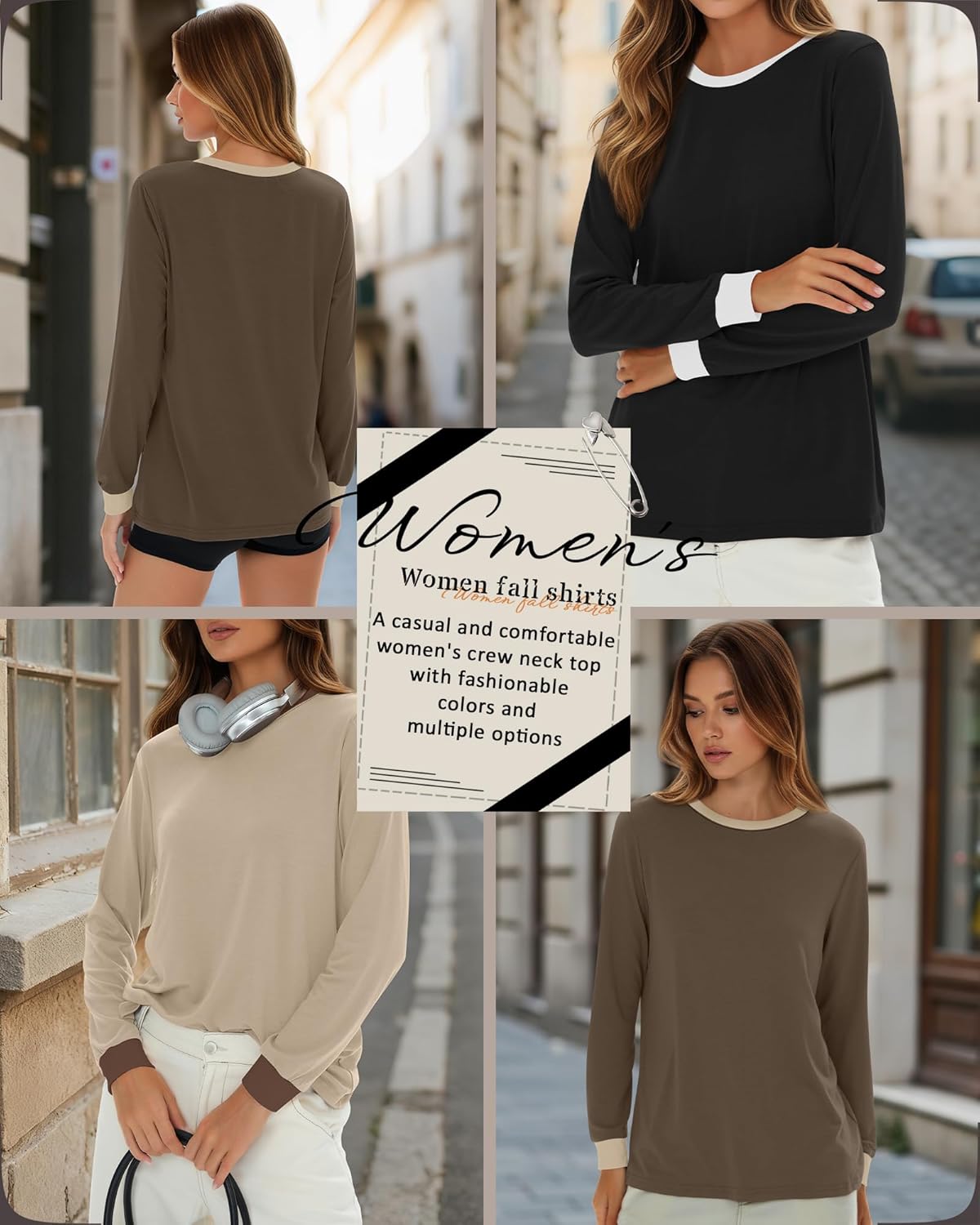 3 Pack Women's Long Sleeve Shirts Crewneck Color Block Ribbed Trim Tunic Tops Casual Fall Basic Tee Layer - Image 6