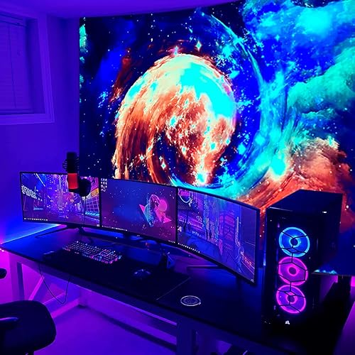 Miniatura 7 de Sinsoledad Tapiz de luz negra con galaxia, reactivo a los rayos UV, pósteres de luz negra, nebulosa trippy estrellada, estrella, universo, planetas,