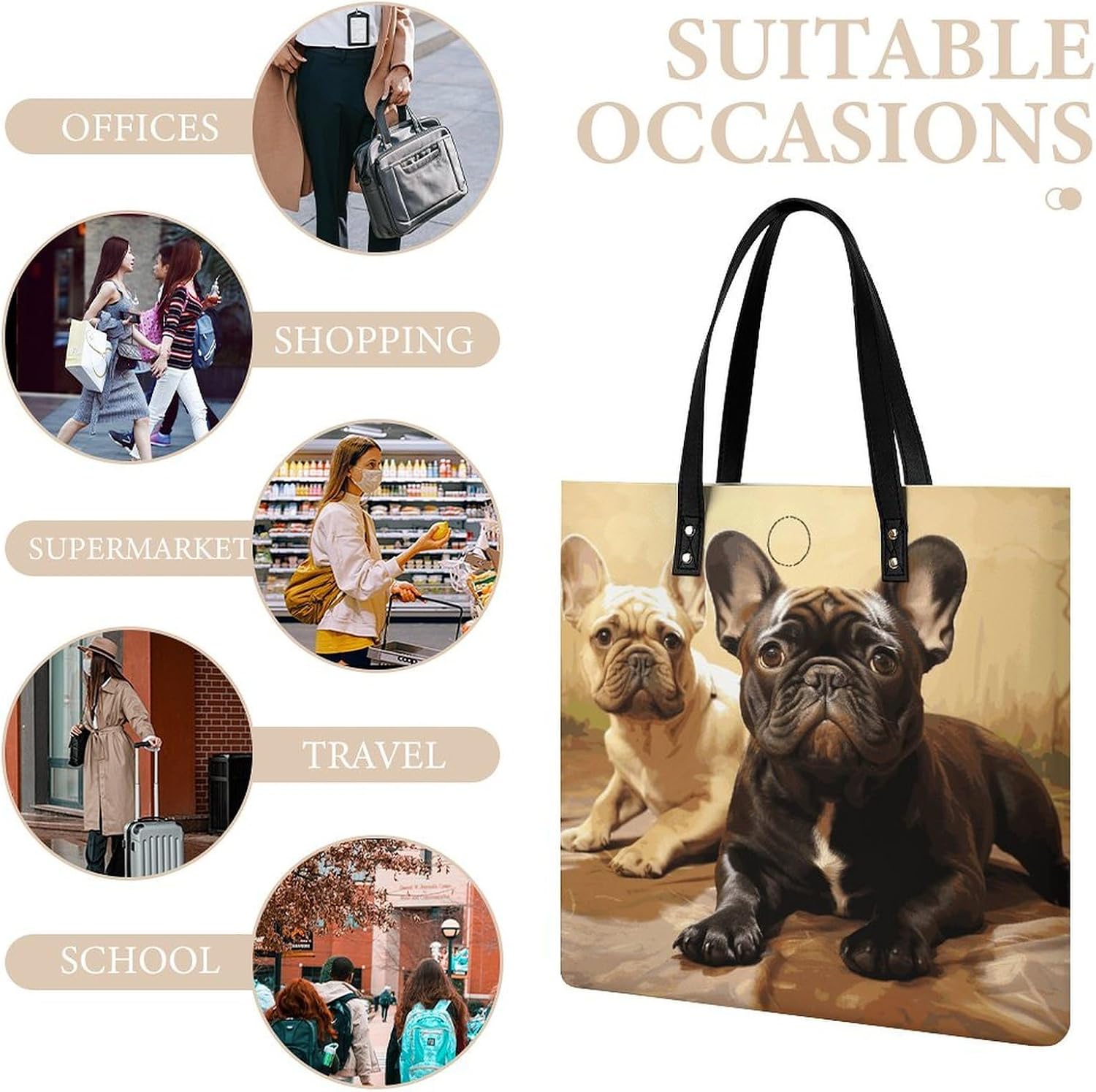 Cute French Bulldog Graphics Handbags Large Capacity, Tote Bag Stylish Slouchy, Shoulder Bags for Work Beach Travel And Shopping Grocery.