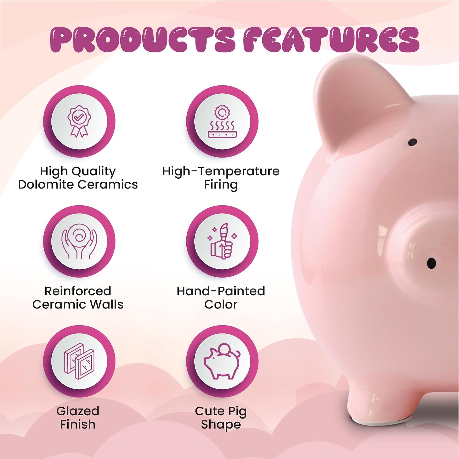 SOBEIT 11inch Piggy Bank for Adult, Large Ceramic Piggy Bank, Cute Money Bank Coin Bank for Adult, Girls, Boys, Kids (Pink/11.02”L x 7.48”W x 8.66” H)