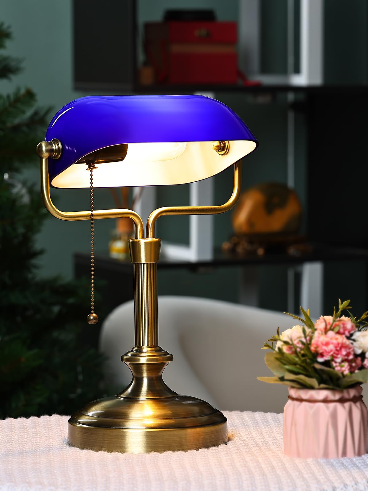 Banker Schreibtischlampe, Glasschatten, Vintage -Lampe mit Pull -Kettenschalter für Heimbüro, Klavierlampe (Antique Brass+Blue)