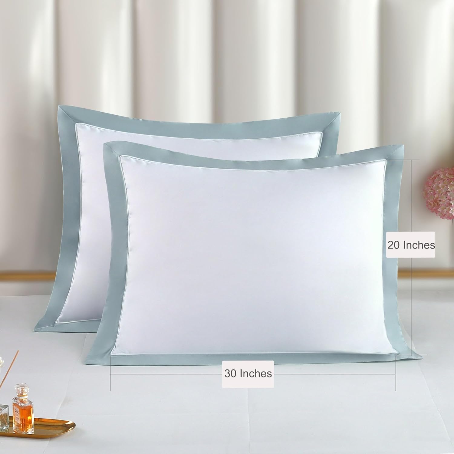 The Cotton & Silk® 100% Luxury Long-Staple Cotton Pillow Sham/Pillowcase, Set of 2, with Envelope Closure on The Back, White + Misty Blue, Queen Size