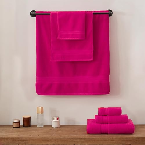 Miniatura 4 de COZYART Juego de 6 toallas de baño de algodón turco, tamaño grande, de color rosa intenso, para hotel, para baño, juego de 6 toallas de baño gruesas
