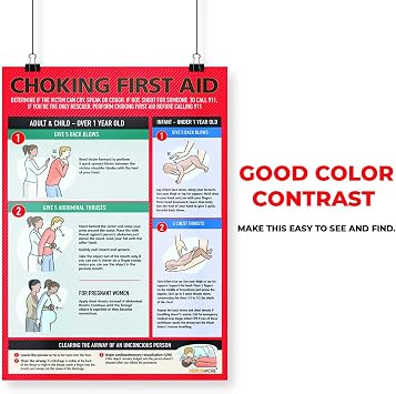 Safety Choking Victim Poster Measures 12 x 18, Choking First Aid Poster for Infants, Kids, Pregnants, and Adults, First Aid Guide Quick Reference Guide, Laminated