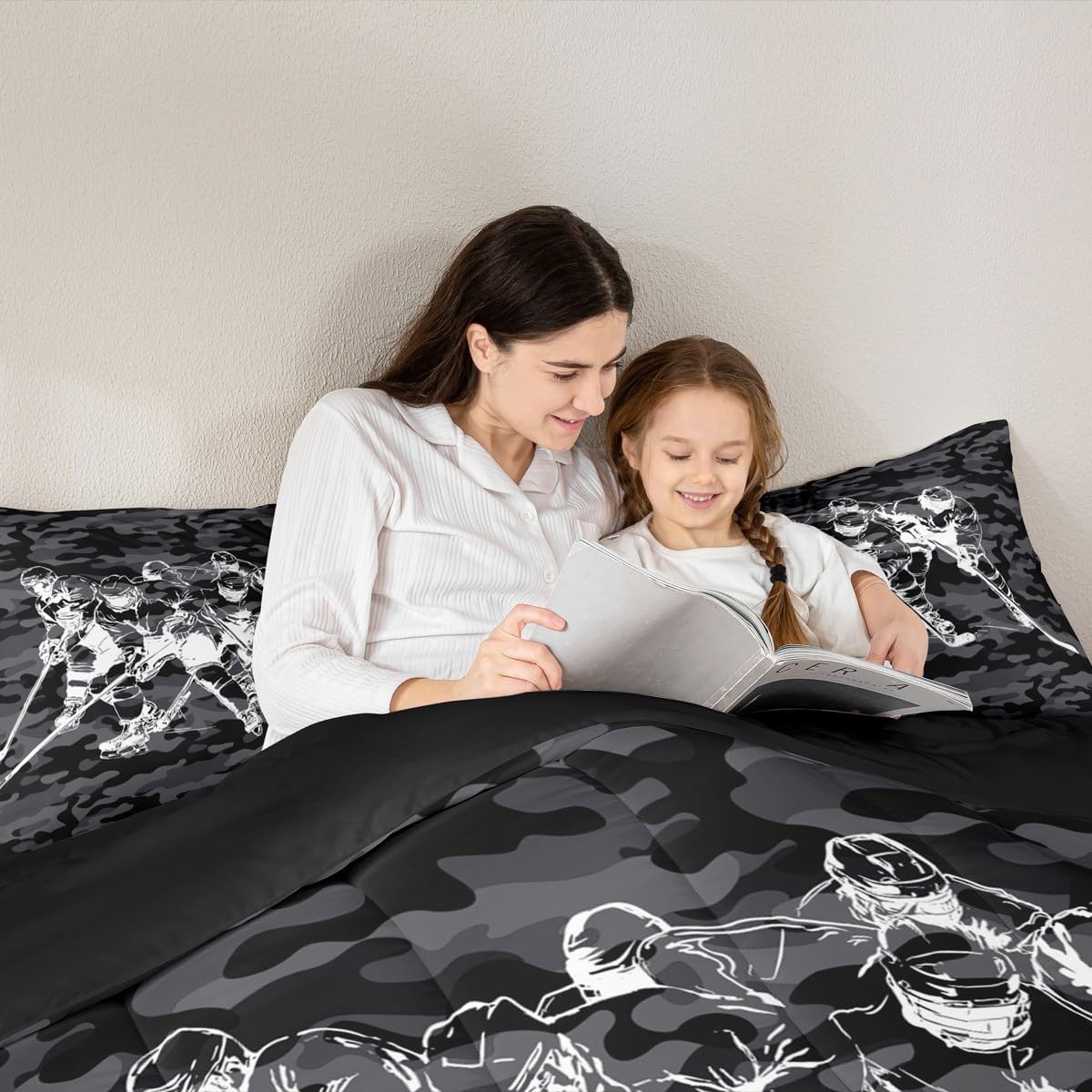 Erosebridal Ice Hockey Bedding Full,Hockey Team Comforter Set for Kids Adults Cool Sports Game Boys Bed Sets Vintage Grey Camouflage Duvet Insert 3 Pieces