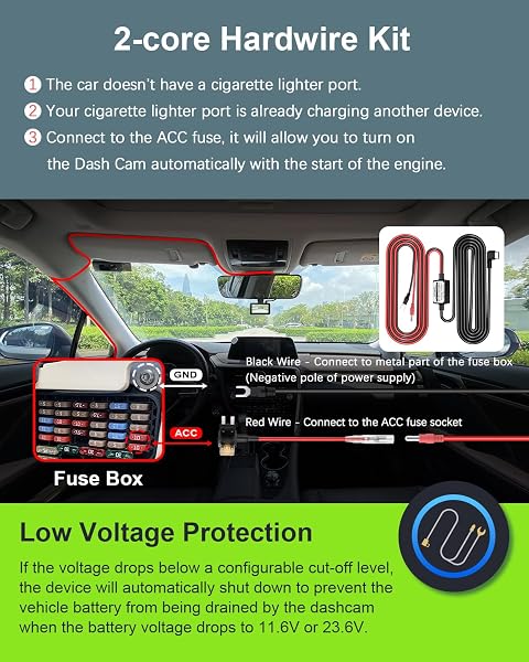 Range Tour Dash Cam Hardwire Kit, USB-C Port 4m Hard Wiring Kit for Car Cam Car Charger Power Cord 12V/24V to 5V 2.5A Charger Cable with 4 Power Adapters 3 Fuses for Dashcam - 2