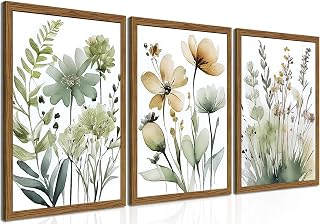 Zeredi Sage Green Boho Floral Wall Art Set of 3 - Wood Framed Canvas 12x16 Inch Botanical Prints for Bedroom Bathroom Decor