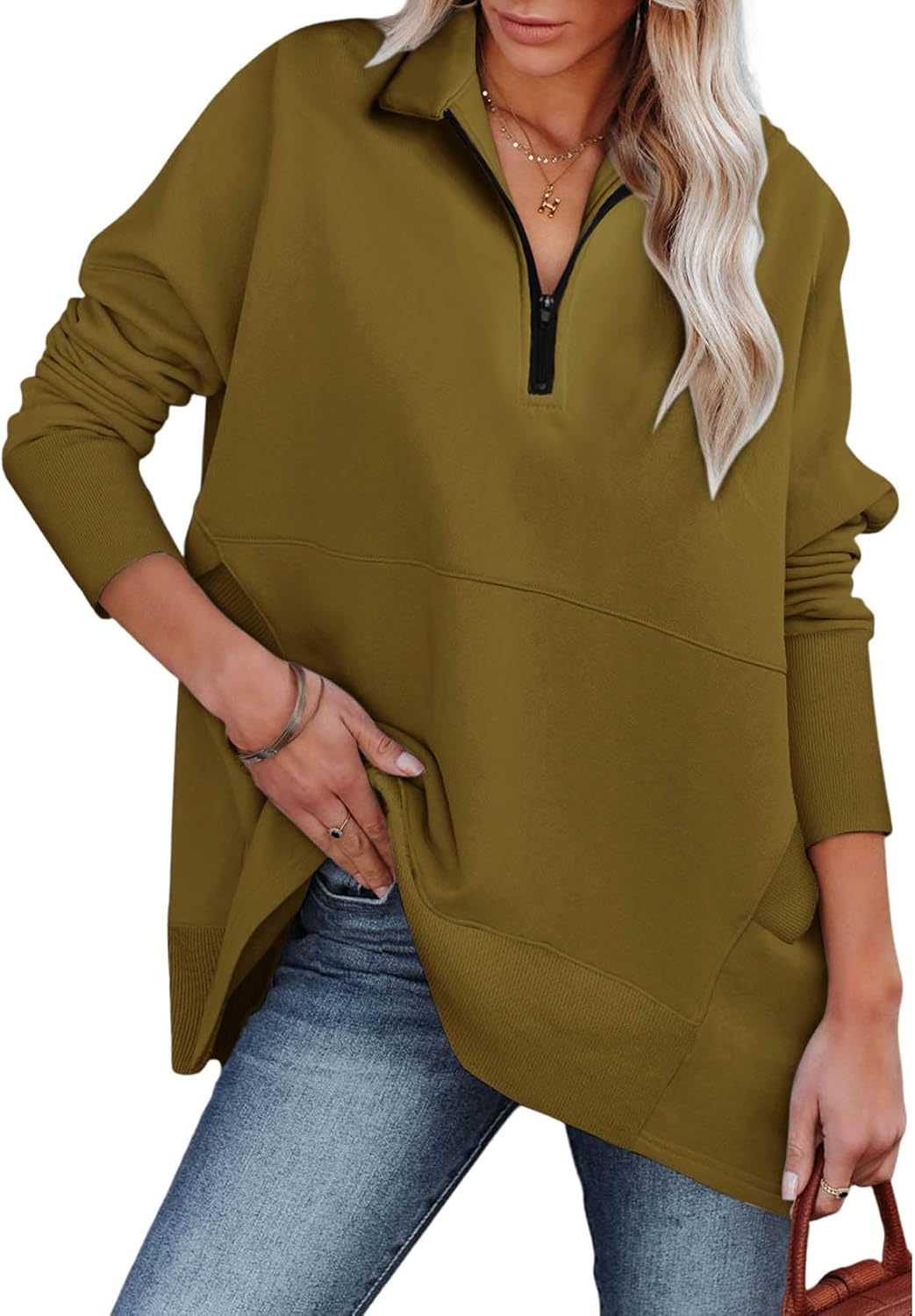 Dokotoo Women's Casual Oversized Half Zip Sweatshirts Long Sleeve Solid Color Pullover Jackets with Pockets