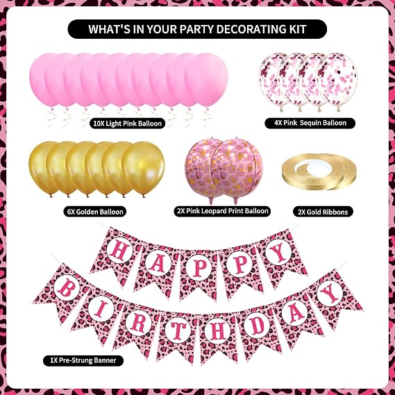 25 pcs Pink Cheetah Birthday Party Decorations Leopard Party Supplies | Happy Birthday Banner for Girls Women with Balloons Pink Gold Safari Parties for the Stylish and Trendy Celebration