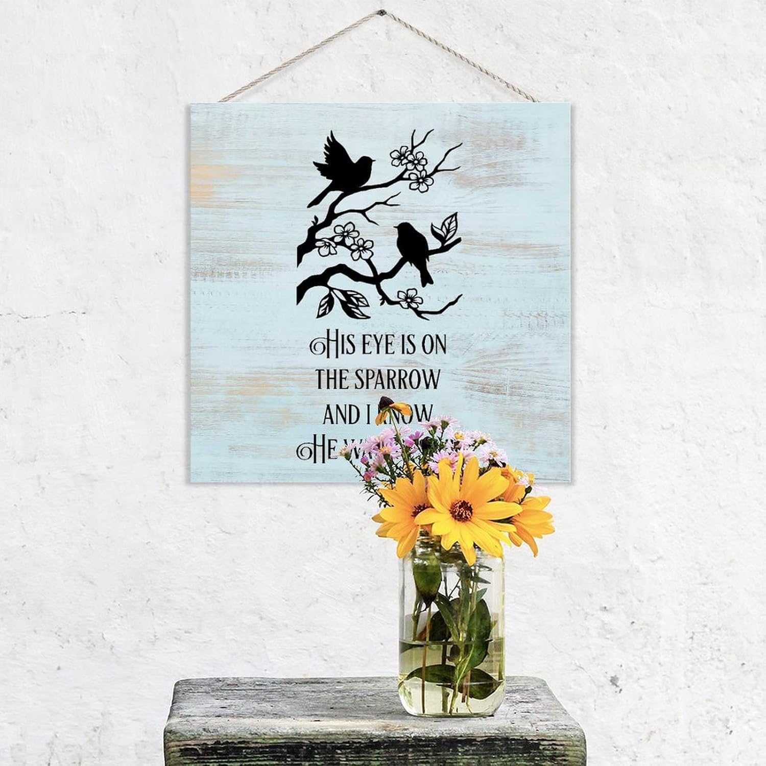 Wood Pallet Sign His Eye is On The Sparrow Shabby Chic Wooden Hanging Sign Plaque with Bible Quote Country Wall Pediment Home Decor for Farmhouse Front Door Bedroom Yard