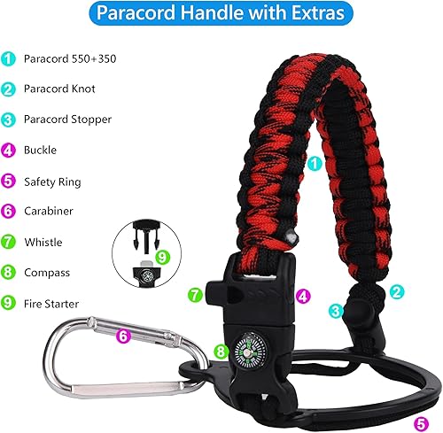 Miniatura 2 de Wongeto Mango de paracaídas, correa de supervivencia con anillo de seguridad y mosquetón, compatible con botellas de agua de boca ancha Hydro Flask