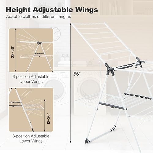 Miniatura 6 de Tangkula Estante de secado de lavandería, estante de secado de ropa plegable con alas ajustables en altura, 33 rieles de secado y clips para