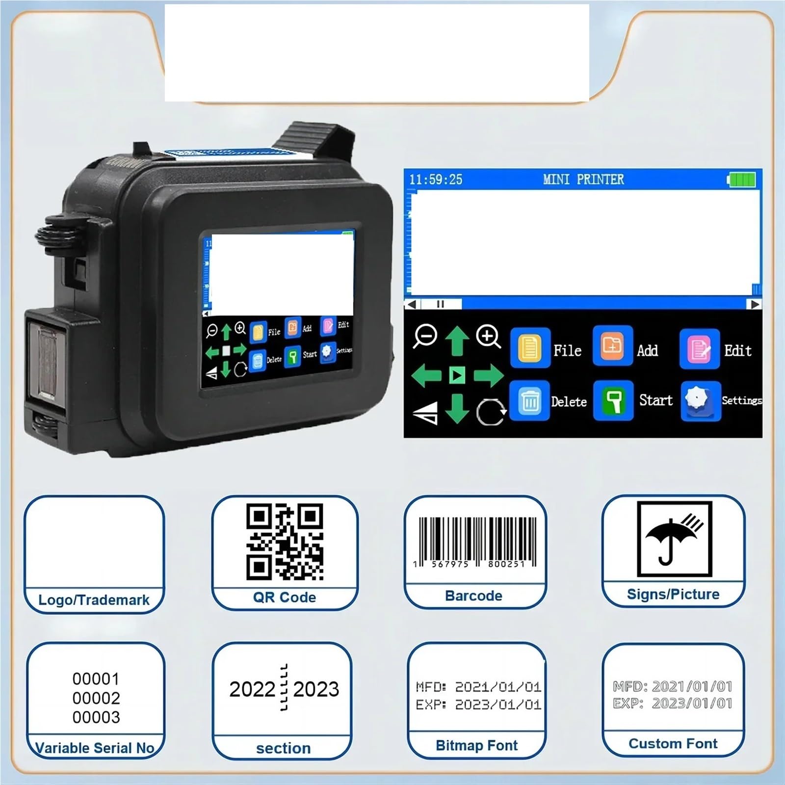 Stampante a Getto d'inchiostro Portatile da 12,7 mm for Etichette con codice a Barre QR, Numero di, Data e con Inchiostro ad Asciugatura Rapida(with 1 Ink)