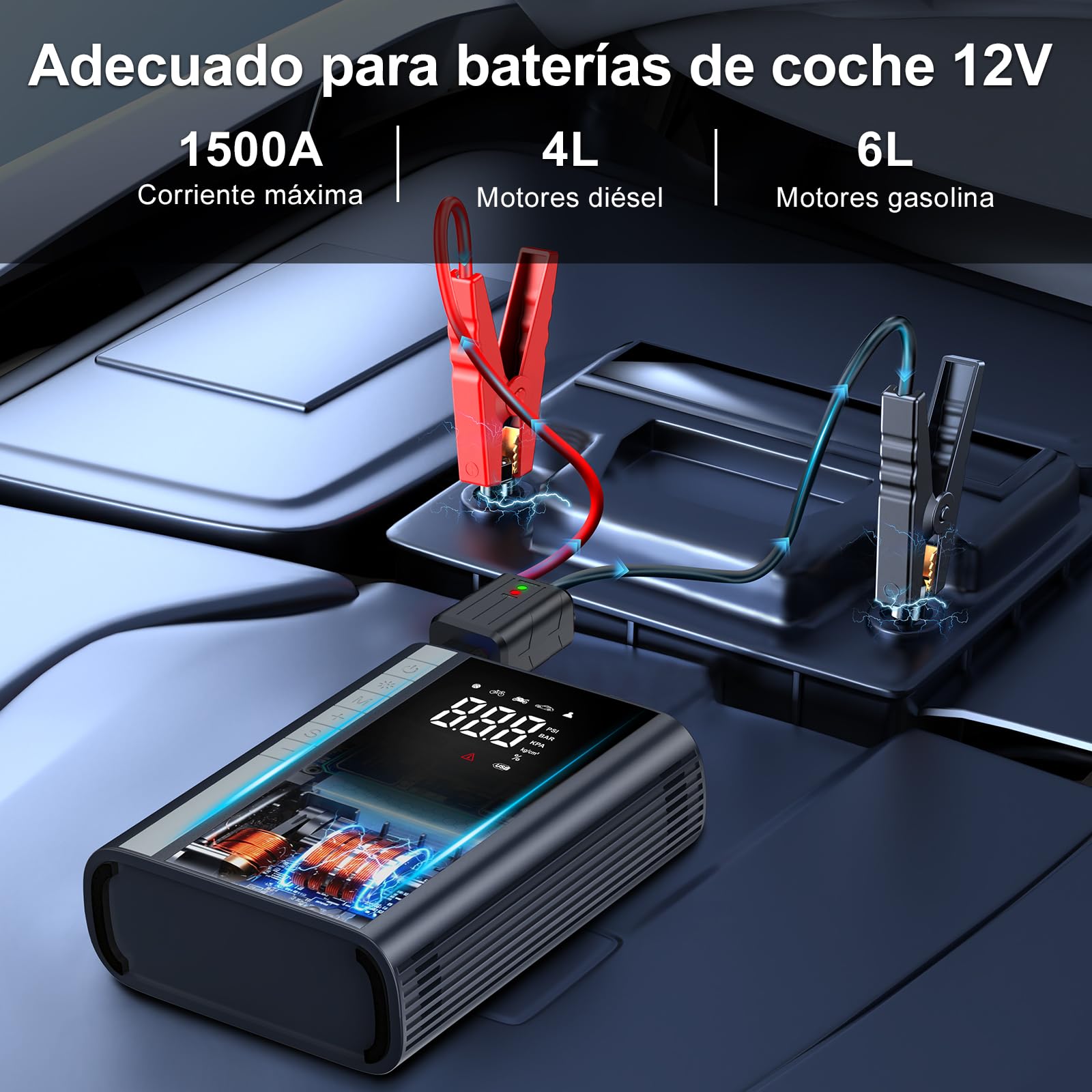 HYCHIKA Arrancador de Coches - Arrancador de Baterias de Coche con Compresor de Aire Carga Rápida/Luz LED de 600 lúmenes(para 6L Gas o 4L Diesel) 1500A 12V Jump Starter