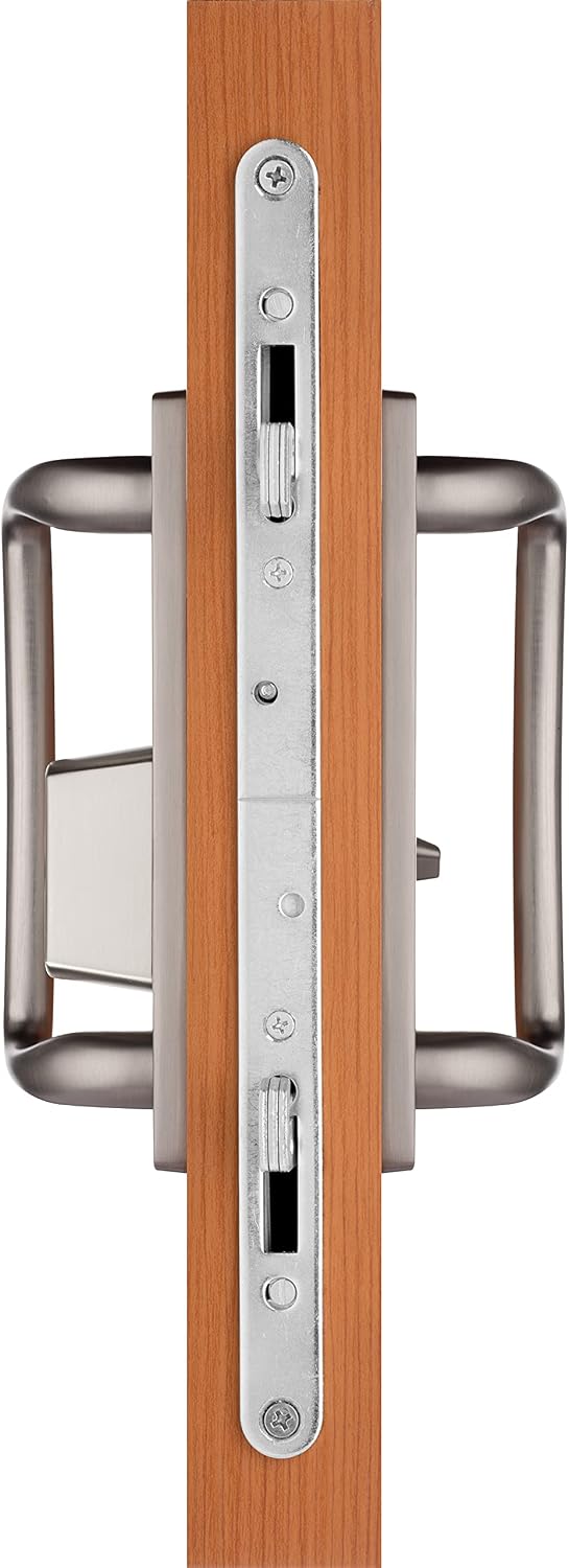 Rockwell Security Charlotte Offset Key Locking Sliding Door Handle with 3/4 Inch Keylock Brushed Nickel Fits 1-3/4 Inch Thick Door with 4 Screw Holes