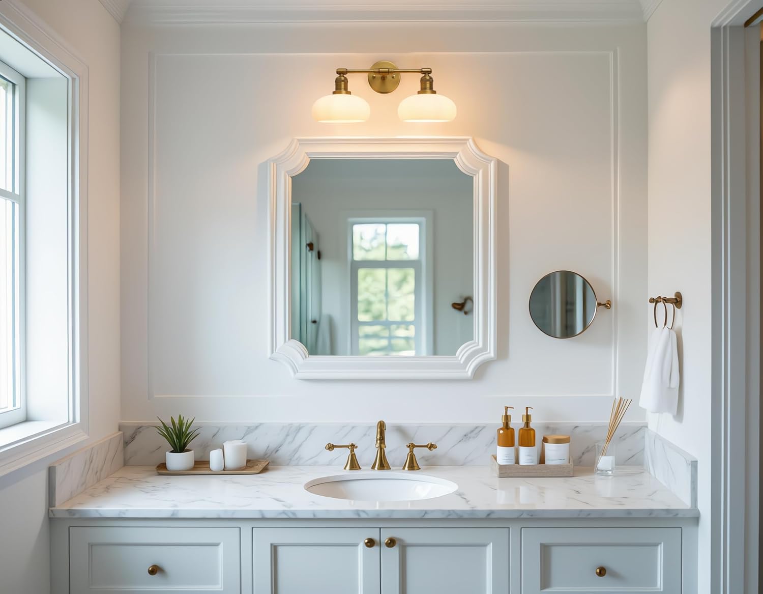 Pathson 2-Lights Milky Glass Wall Sconce, Hardwired Double Head Bathroom Sconces, Vintage Wall Lamps for Vanity Mirror, Living Room, Bedroom, Farmhouse Lighting