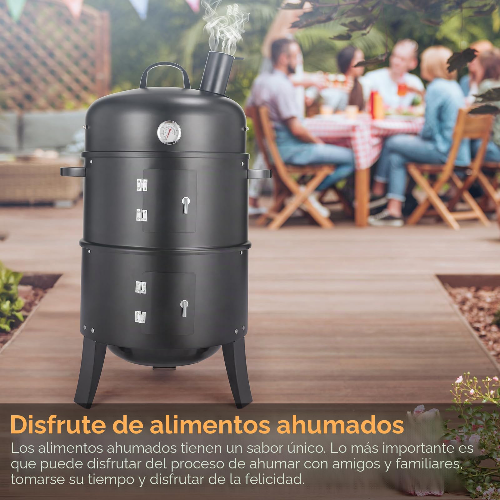 TLGREEN Horno Ahumador, Ahumador 3 en 1, Ahumador con Chimenea, Barbacoa de Carbón, con Termómetro, 2 Rejillas de Acero Inoxidable (φ 37,5 cm), Barbacoa Ahumadora para Ahumar, Asar y Cocinar
