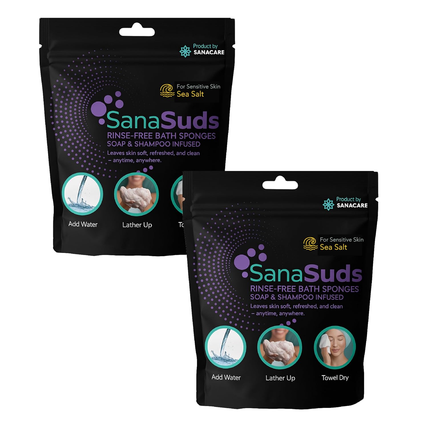 Rinse-Free Bath Sponges,Sea Salt – Soap & Shampoo Infused, No-Rinse Body Wipes for Sensitive Skin – Post-Surgery, Travel, Gym or Elder Care – 25ct - 2 Pack