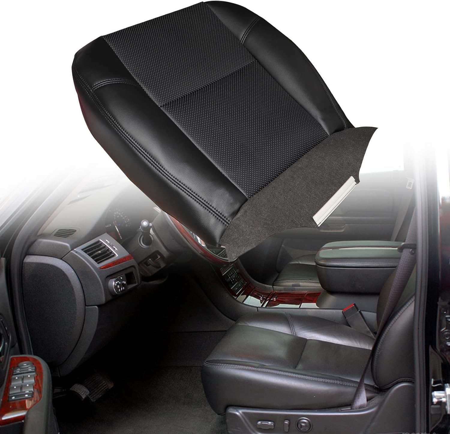NLQR Front Driver Or Passenger Side Bottom Replacement Perforated Leather Seat Cover Ebony Black #194 196 197 Compatible with Cadillac Escalade EXT ESV AWD 2007 2008 2009 2010 2011 2012 2013 2014