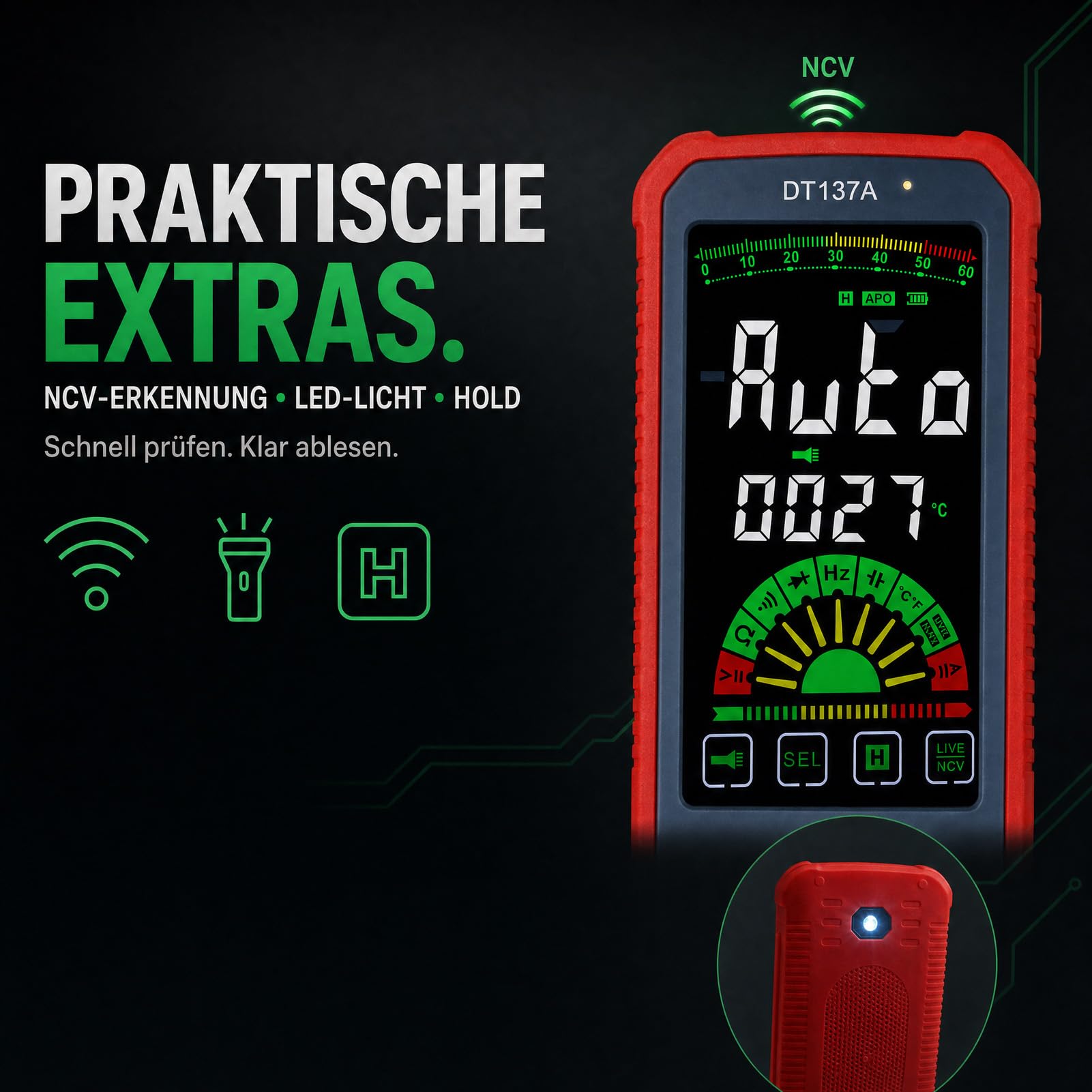 Digital Multi Touchscreen, DT137A, VA Farbbildschirm, TRMS, Rot