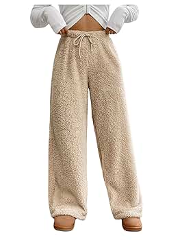 COZYEASE Women's Drawstring Waist Teddy Wide Leg Pants Loose