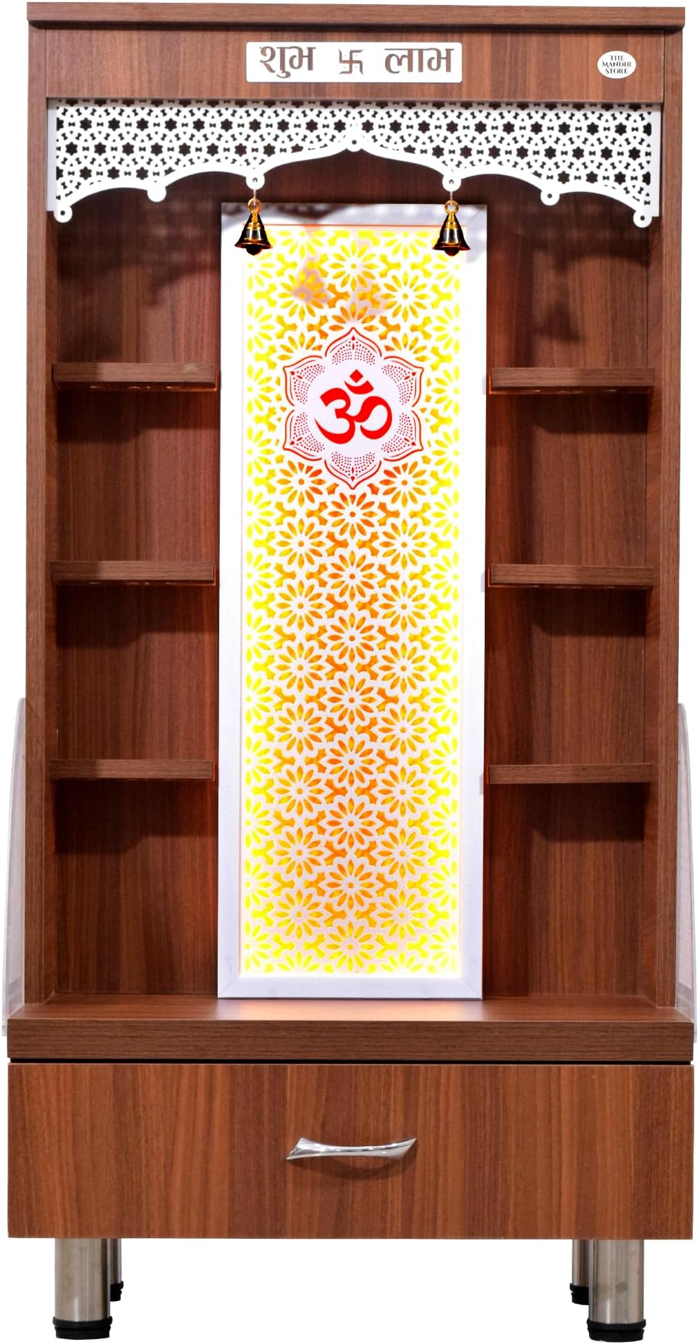 The Mandir Store Wooden Home Temple 4 Ft Height Wooden Mandir with Floating Shelves Drawer Storage in Walnut Bown Color and Lights