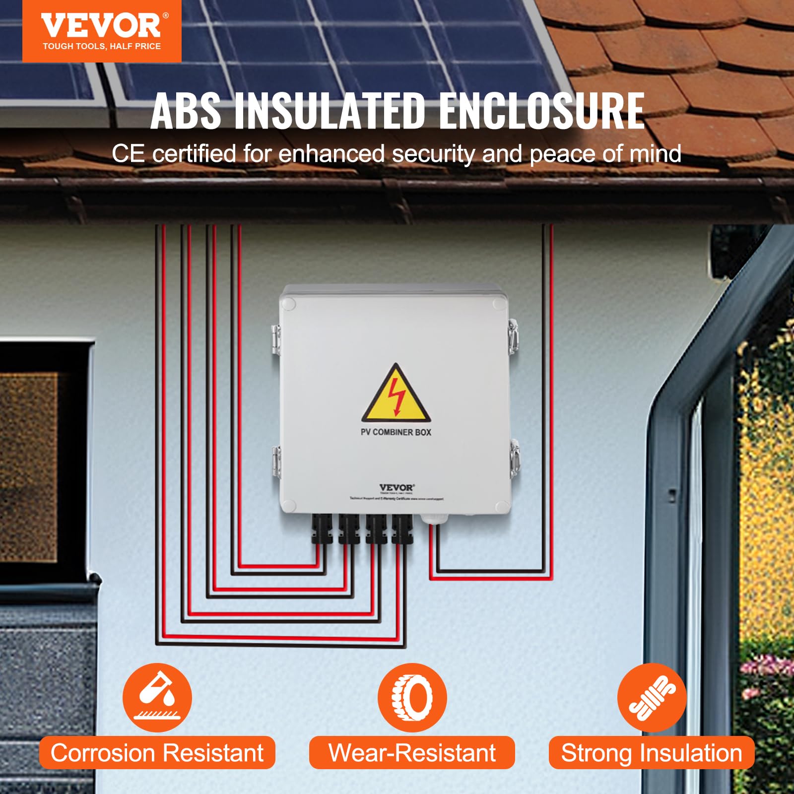 VEVOR PV-Combiner-Box, 4-String, Solar-Combiner-Box mit 10 A Nennstromsicherung, 63 A Leistungsschalter, Blitzableiter und Solaranschluss, ABS-Kunststoffgehäuse für On-/Off-Grid-Solarpanelsystem, IP65