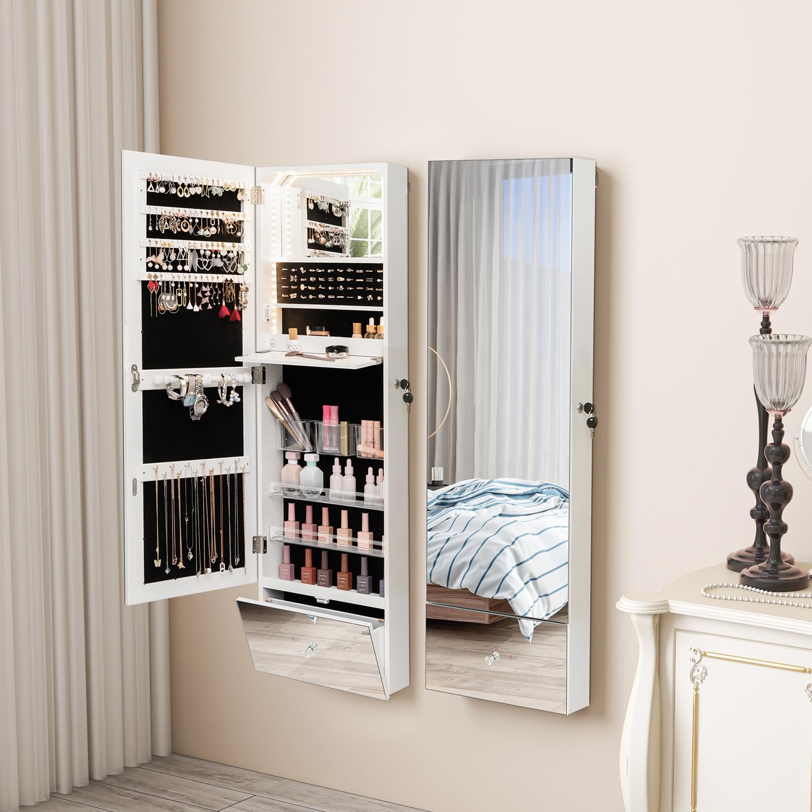 HOMASIS Armario colgante para joyas, Joyero con espejo y cerradura con iluminación LED 3 colores, Armario para maquillaje con estante plegable, Mueble para colgar en la pared, 120x37x11cm, Blanco